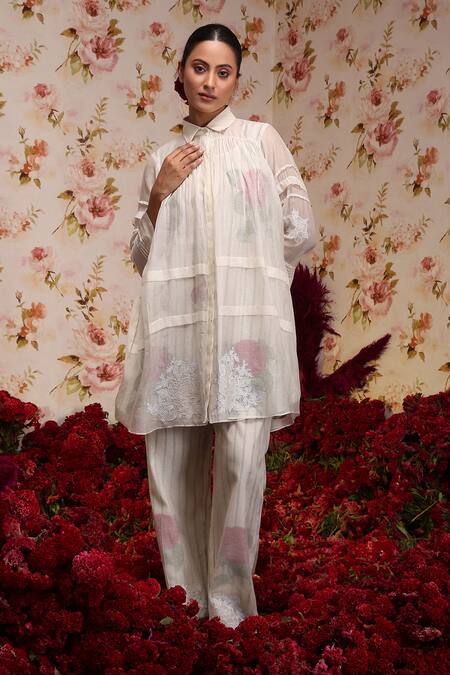 Buy Vrinda By Pundrik Dubey Ivory Chanderi Silk Embroidery Collared Top And Pant Set Online at Aza Fashions Buy_Vrinda By Pundrik Dubey_Ivory Chanderi Silk Embroidery Collared Top And Pant Set_Online_at_Aza_Fashions