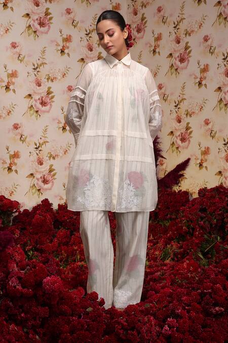 Shop Vrinda By Pundrik Dubey Ivory Chanderi Silk Embroidery Collared Top And Pant Set Online at Aza Fashions Shop_Vrinda By Pundrik Dubey_Ivory Chanderi Silk Embroidery Collared Top And Pant Set_Online_at_Aza_Fashions