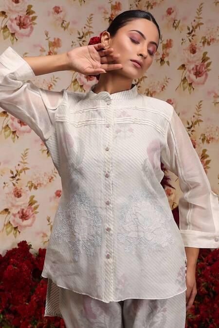Buy Vrinda By Pundrik Dubey Ivory Chanderi Silk Embroidery Mandarin Collar Top And Pant Set Online at Aza Fashions Buy_Vrinda By Pundrik Dubey_Ivory Chanderi Silk Embroidery Mandarin Collar Top And Pant Set_Online_at_Aza_Fashions