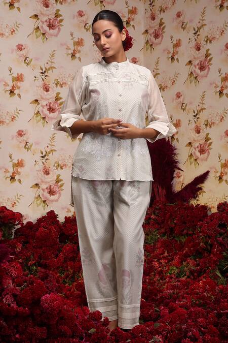 Shop Vrinda By Pundrik Dubey Ivory Chanderi Silk Embroidery Mandarin Collar Top And Pant Set Online at Aza Fashions Shop_Vrinda By Pundrik Dubey_Ivory Chanderi Silk Embroidery Mandarin Collar Top And Pant Set_Online_at_Aza_Fashions