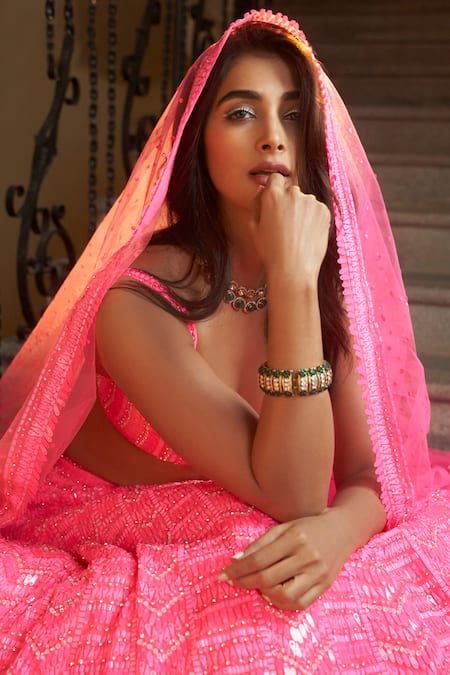 Buy_Seema Gujral_Pink Net Sequins Sweetheart Neck Neon Chevron Pattern Bridal Lehenga Set 