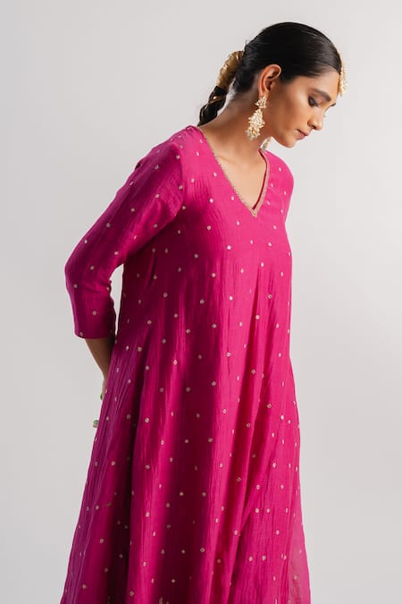 Shop_Tussah By Siddhi Shah_Pink Chanderi Sequins V-neck Embroidered A-line Kurta And Pant Set _Online_at_Aza_Fashions