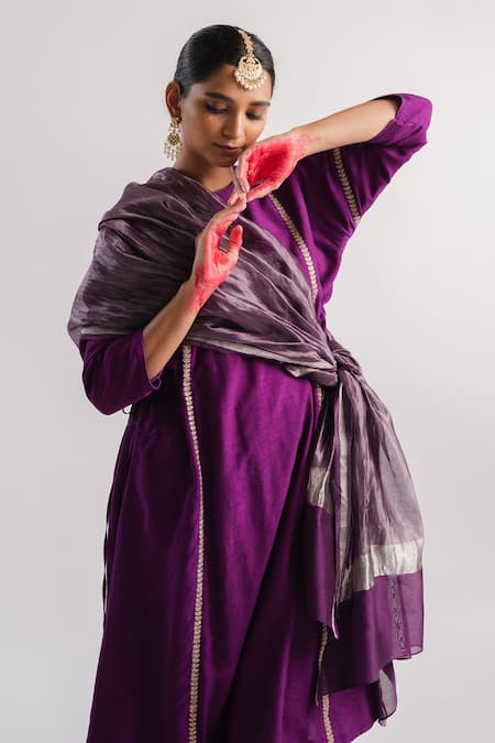 Tussah By Siddhi Shah_Purple Silk, Tissue Sequins Round Neck Line Embroidered Kurta And Pant Set _Online_at_Aza_Fashions