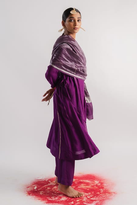 Buy_Tussah By Siddhi Shah_Purple Silk, Tissue Sequins Round Neck Line Embroidered Kurta And Pant Set _Online_at_Aza_Fashions