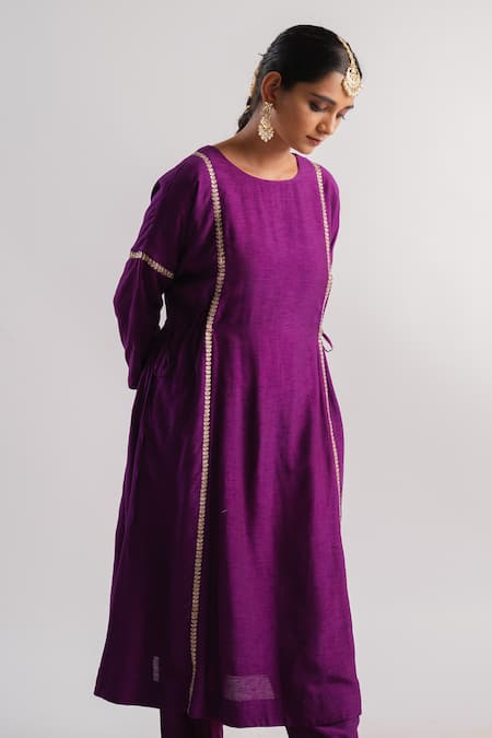 Shop_Tussah By Siddhi Shah_Purple Silk, Tissue Sequins Round Neck Line Embroidered Kurta And Pant Set _Online_at_Aza_Fashions