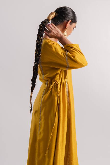 Buy_Tussah By Siddhi Shah_Yellow Silk, Tissue Embroidery Round Neck Sequins Line Kurta And Pant Set _Online_at_Aza_Fashions