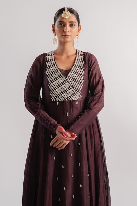 Tussah By Siddhi Shah_Brown Chanderi, Tissue Beads V-neck, Yoke Hand Embroidered Anarkali With Inner _Online_at_Aza_Fashions