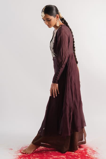 Buy_Tussah By Siddhi Shah_Brown Chanderi, Tissue Beads V-neck, Yoke Hand Embroidered Anarkali With Inner _Online_at_Aza_Fashions