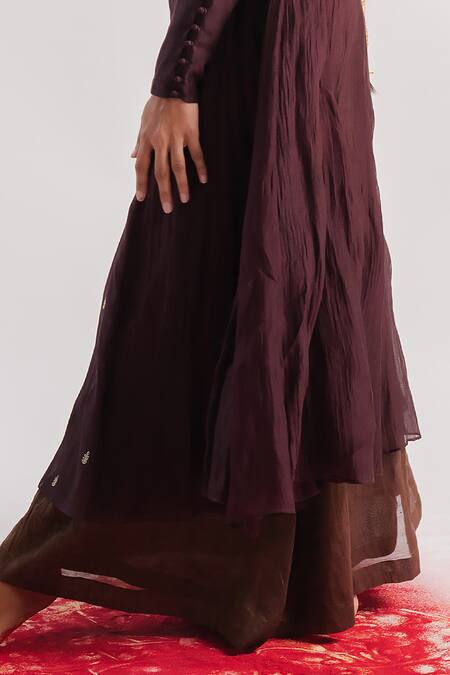 Shop_Tussah By Siddhi Shah_Brown Chanderi, Tissue Beads V-neck, Yoke Hand Embroidered Anarkali With Inner _Online_at_Aza_Fashions