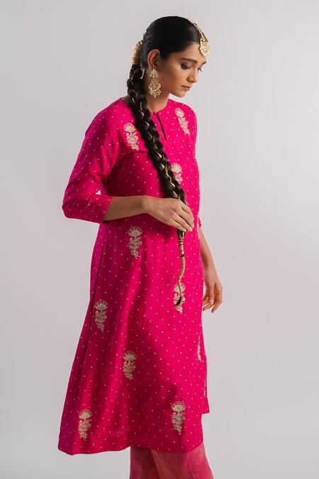 Buy_Tussah By Siddhi Shah_Pink Silk, Tissue Sequins Round Neck Work Kurta And Pant Set _Online_at_Aza_Fashions
