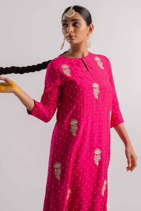 Shop_Tussah By Siddhi Shah_Pink Silk, Tissue Sequins Round Neck Work Kurta And Pant Set _Online_at_Aza_Fashions