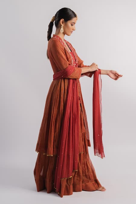 Tussah By Siddhi Shah Orange Silk, Tissue, Chiffon Beads, Embroidery Round Gharara Set With Jacket Online at Aza Fashions Tussah By Siddhi Shah_Orange Silk, Tissue, Chiffon Beads, Embroidery Round Gharara Set With Jacket _Online_at_Aza_Fashions