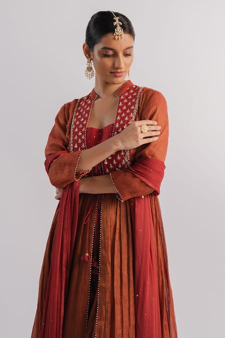Buy Tussah By Siddhi Shah Orange Silk, Tissue, Chiffon Beads, Embroidery Round Gharara Set With Jacket Online at Aza Fashions Buy_Tussah By Siddhi Shah_Orange Silk, Tissue, Chiffon Beads, Embroidery Round Gharara Set With Jacket _Online_at_Aza_Fashions