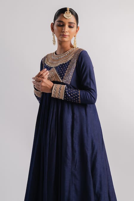 Tussah By Siddhi Shah_Blue Silk Sequins High Neck Yoke Embroidered Anarkali And Pant Set _Online_at_Aza_Fashions