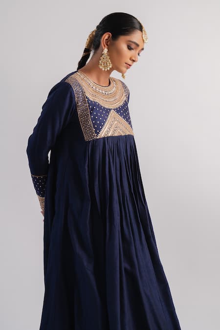 Buy_Tussah By Siddhi Shah_Blue Silk Sequins High Neck Yoke Embroidered Anarkali And Pant Set _Online_at_Aza_Fashions