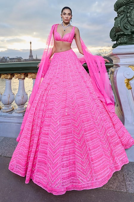 Shop_Seema Gujral_Pink Net Sequins Sweetheart Neck Neon Chevron Pattern Bridal Lehenga Set _Online_at_Aza_Fashions