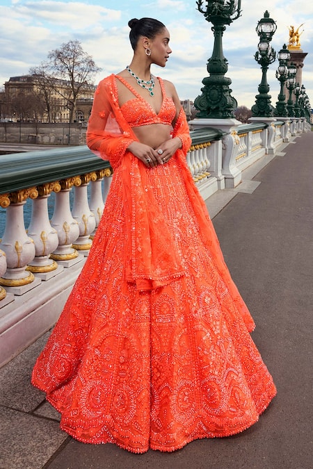 Seema Gujral Orange Net Sequins V-neck Neon Abstract Pattern Embroidered Bridal Lehenga Set Online at Aza Fashions Seema Gujral_Orange Net Sequins V-neck Neon Abstract Pattern Embroidered Bridal Lehenga Set_Online_at_Aza_Fashions