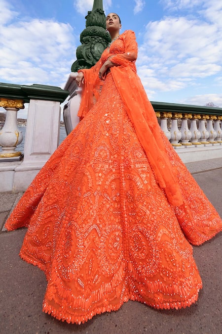Buy Seema Gujral Orange Net Sequins V-neck Neon Abstract Pattern Embroidered Bridal Lehenga Set Online at Aza Fashions Buy_Seema Gujral_Orange Net Sequins V-neck Neon Abstract Pattern Embroidered Bridal Lehenga Set_Online_at_Aza_Fashions