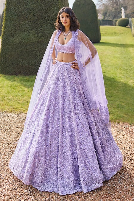 Seema Gujral Purple Net Sequins, Beads, Embroidery Round Neck Floral Bridal Lehenga Set at Aza Fashions Seema Gujral_Purple Net Sequins, Beads, Embroidery Round Neck Floral Bridal Lehenga Set _at_Aza_Fashions