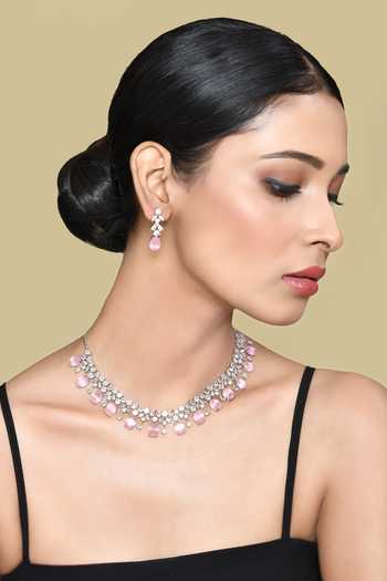 Nayaab By Aleezeh_Pink Embellished Stone Necklace Set_Online_at_Aza_Fashions