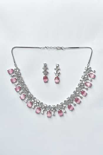 Shop_Nayaab By Aleezeh_Pink Embellished Stone Necklace Set_Online_at_Aza_Fashions