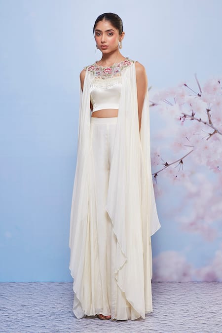 Shop_Ajiesh Oberoi_Ivory Chiffon, Satin Embroidery Sweetheart Neck, Floral Jacket Sharara Set _Online_at_Aza_Fashions