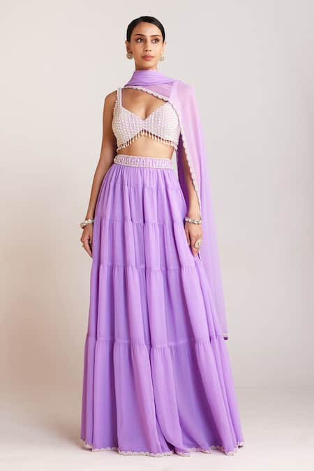 Vvani by Vani Vats Purple Georgette Embellished Beads Plunge V Neck Blouse Sharara Set  