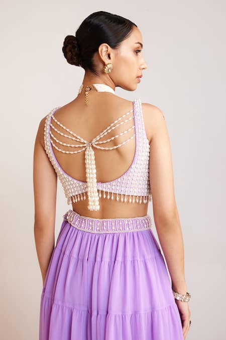 Shop_Vvani By Vani Vats_Purple Georgette, Silk Beads Plunge Neck Embellished Blouse Sharara Set _at_Aza_Fashions