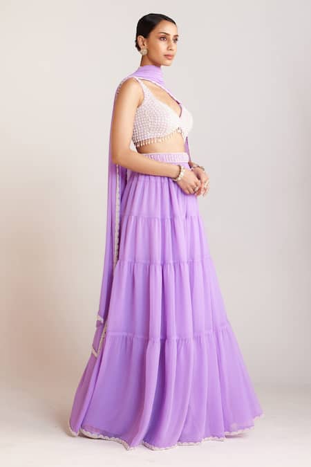 Vvani By Vani Vats_Purple Georgette, Silk Beads Plunge Neck Embellished Blouse Sharara Set _Online_at_Aza_Fashions