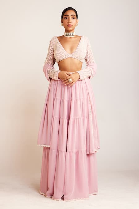 Vvani by Vani Vats Pink Georgette Embellished Pearls Plunge V Neck Blouse Sharara Set 