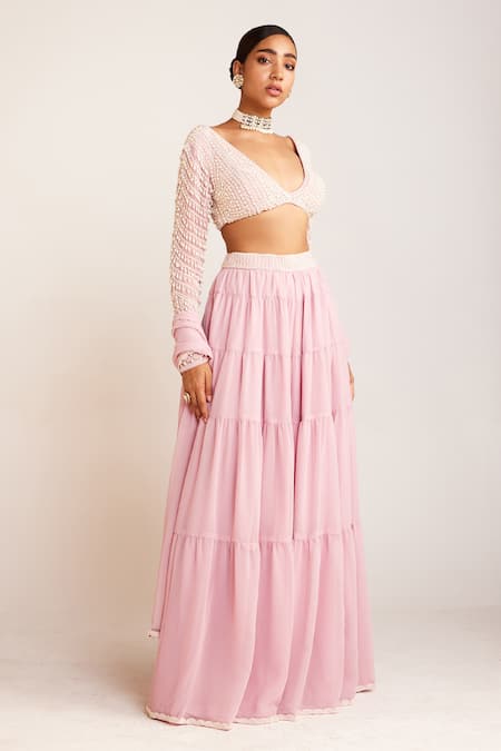 Vvani By Vani Vats Pink Georgette, Silk Pearls Plunge Neck Embellished Blouse Sharara Set Online at Aza Fashions Vvani By Vani Vats_Pink Georgette, Silk Pearls Plunge Neck Embellished Blouse Sharara Set _Online_at_Aza_Fashions