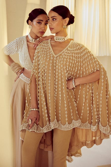 Vvani By Vani Vats Beige Georgette, Silk Pearls Embellished Cape And Pant Set Online at Aza Fashions Vvani By Vani Vats_Beige Georgette, Silk Pearls Embellished Cape And Pant Set _Online_at_Aza_Fashions