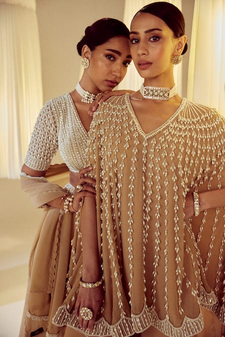 Buy Vvani By Vani Vats Beige Georgette, Silk Pearls Embellished Cape And Pant Set Online at Aza Fashions Buy_Vvani By Vani Vats_Beige Georgette, Silk Pearls Embellished Cape And Pant Set _Online_at_Aza_Fashions