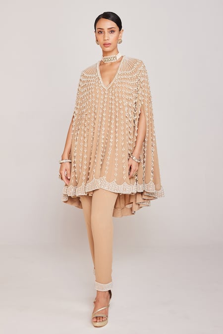 Vvani By Vani Vats Beige Georgette, Silk Pearls Embellished Cape And Pant Set at Aza Fashions Vvani By Vani Vats_Beige Georgette, Silk Pearls Embellished Cape And Pant Set _at_Aza_Fashions
