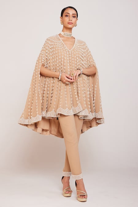 Buy Vvani By Vani Vats Beige Georgette, Silk Pearls Embellished Cape And Pant Set Buy_Vvani By Vani Vats_Beige Georgette, Silk Pearls Embellished Cape And Pant Set