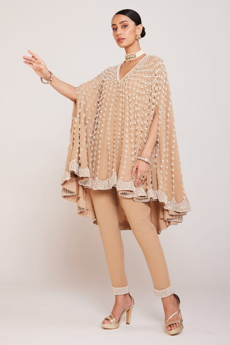 Shop Vvani By Vani Vats Beige Georgette, Silk Pearls Embellished Cape And Pant Set Shop_Vvani By Vani Vats_Beige Georgette, Silk Pearls Embellished Cape And Pant Set