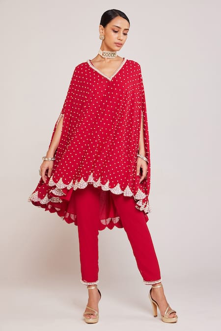 Vvani by Vani Vats Red Georgette Embellished Pearls V Neck Asymmetric Cape And Pant Set  