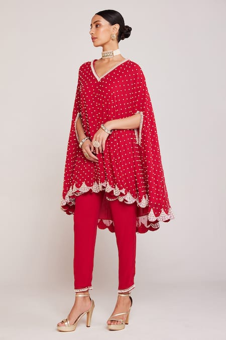 Vvani By Vani Vats Red Georgette, Silk Embroidery Pearl Embellished Asymmetric Cape And Pant Set Online at Aza Fashions Vvani By Vani Vats_Red Georgette, Silk Embroidery Pearl Embellished Asymmetric Cape And Pant Set _Online_at_Aza_Fashions