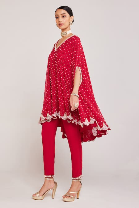 Buy Vvani By Vani Vats Red Georgette, Silk Embroidery Pearl Embellished Asymmetric Cape And Pant Set Online at Aza Fashions Buy_Vvani By Vani Vats_Red Georgette, Silk Embroidery Pearl Embellished Asymmetric Cape And Pant Set _Online_at_Aza_Fashions