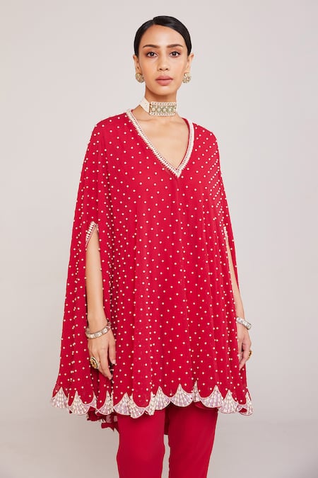 Shop Vvani By Vani Vats Red Georgette, Silk Embroidery Pearl Embellished Asymmetric Cape And Pant Set Online at Aza Fashions Shop_Vvani By Vani Vats_Red Georgette, Silk Embroidery Pearl Embellished Asymmetric Cape And Pant Set _Online_at_Aza_Fashions