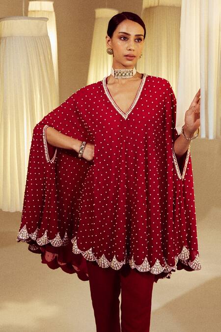 Vvani By Vani Vats Red Georgette, Silk Embroidery Pearl Embellished Asymmetric Cape And Pant Set at Aza Fashions Vvani By Vani Vats_Red Georgette, Silk Embroidery Pearl Embellished Asymmetric Cape And Pant Set _at_Aza_Fashions
