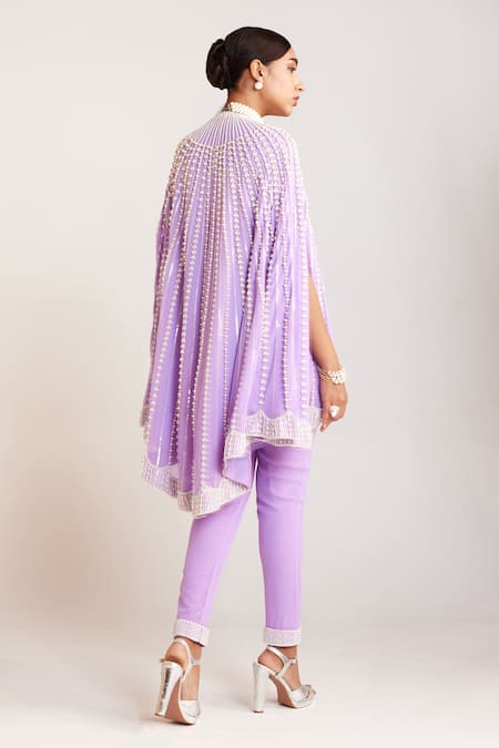 Shop_Vvani By Vani Vats_Purple Georgette, Silk Embroidery Pearl Embellished Cape Pant Set _at_Aza_Fashions