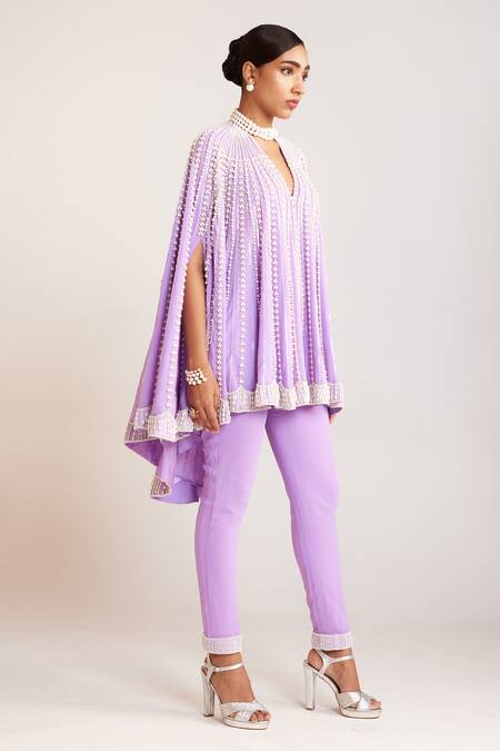 Vvani By Vani Vats_Purple Georgette, Silk Embroidery Pearl Embellished Cape Pant Set _Online_at_Aza_Fashions