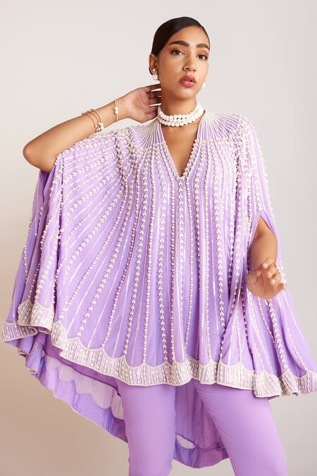 Buy_Vvani By Vani Vats_Purple Georgette, Silk Embroidery Pearl Embellished Cape Pant Set _Online_at_Aza_Fashions