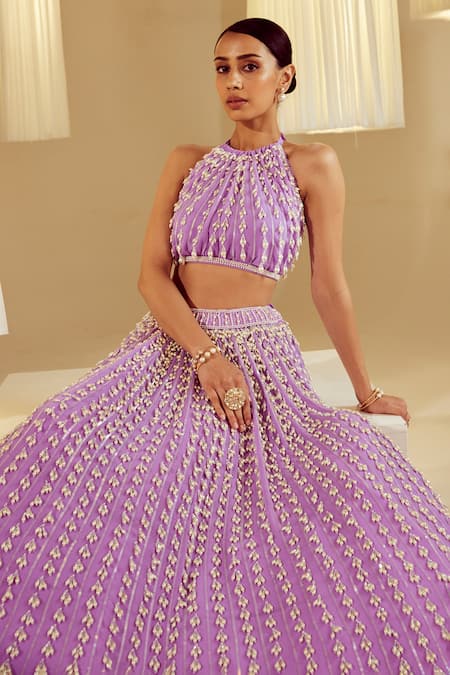 Vvani By Vani Vats Purple Georgette, Silk Pearls Halter Chandelier Embroidered Skirt And Top Set Online at Aza Fashions Vvani By Vani Vats_Purple Georgette, Silk Pearls Halter Chandelier Embroidered Skirt And Top Set _Online_at_Aza_Fashions