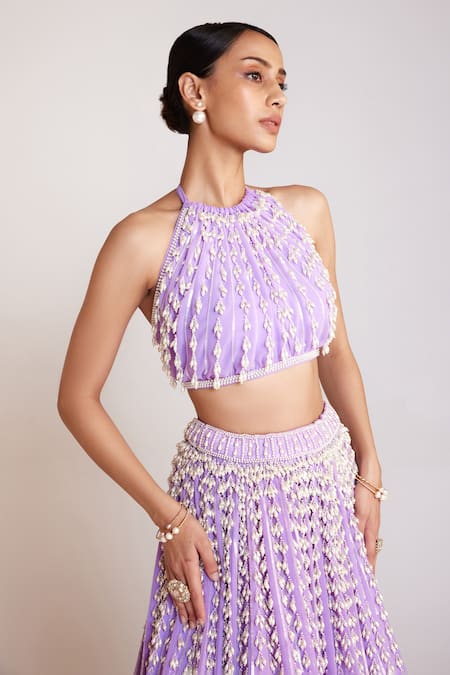 Buy Vvani By Vani Vats Purple Georgette, Silk Pearls Halter Chandelier Embroidered Skirt And Top Set Online at Aza Fashions Buy_Vvani By Vani Vats_Purple Georgette, Silk Pearls Halter Chandelier Embroidered Skirt And Top Set _Online_at_Aza_Fashions