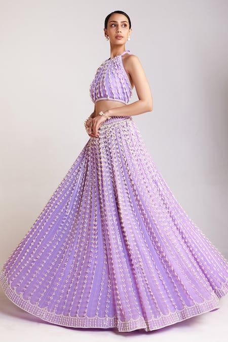 Shop Vvani By Vani Vats Purple Georgette, Silk Pearls Halter Chandelier Embroidered Skirt And Top Set Online at Aza Fashions Shop_Vvani By Vani Vats_Purple Georgette, Silk Pearls Halter Chandelier Embroidered Skirt And Top Set _Online_at_Aza_Fashions
