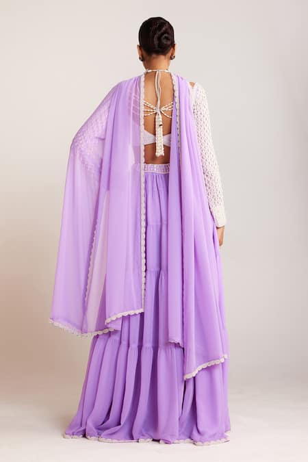 Shop Vvani By Vani Vats Purple Georgette, Silk Pearls Sweetheart Drop Full Sleeve Blouse Sharara Set at Aza Fashions Shop_Vvani By Vani Vats_Purple Georgette, Silk Pearls Sweetheart Drop Full Sleeve Blouse Sharara Set _at_Aza_Fashions