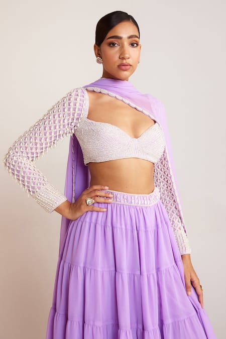 Vvani By Vani Vats Purple Georgette, Silk Pearls Sweetheart Drop Full Sleeve Blouse Sharara Set Online at Aza Fashions Vvani By Vani Vats_Purple Georgette, Silk Pearls Sweetheart Drop Full Sleeve Blouse Sharara Set _Online_at_Aza_Fashions