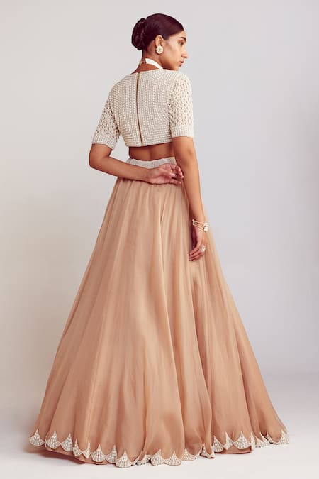 Shop Vvani By Vani Vats Beige Georgette, Organza, Silk Embroidery, Pearls Embellished Blouse Lehenga Set at Aza Fashions Shop_Vvani By Vani Vats_Beige Georgette, Organza, Silk Embroidery, Pearls Embellished Blouse Lehenga Set _at_Aza_Fashions